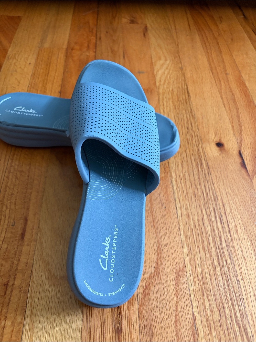 Final sale-Clarks Light Blue Perforated Slide Sandals